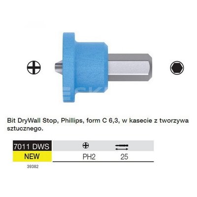 Bit DryWall Stop Phillips forma C 6,3 7011 DWS PH2x25mm Wiha 39382