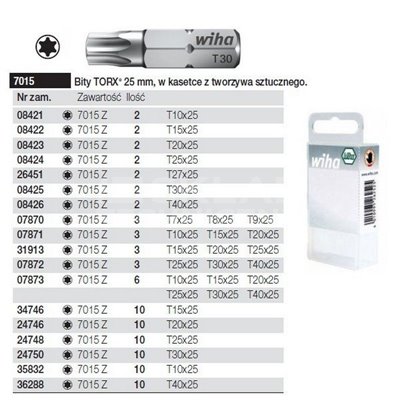 Standard Torx Bits, C shape, 6.3mm, 7015 Z, T10x25mm, 2 pieces. Wiha 08421.