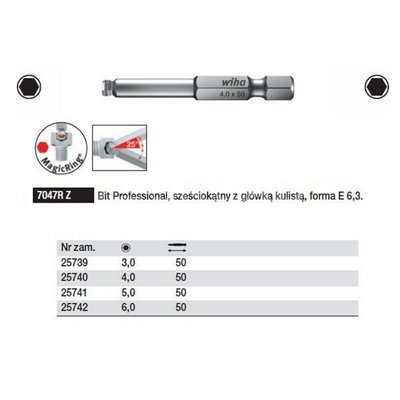 Bit Professional hexagonal ball E 6.3 7047R Z 3.0x50mm Wiha 25739.