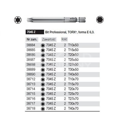 Wiha 38684 Professional Torx bits, E 6.3 form, 7045 Z, T10x50mm, 2 pieces.
