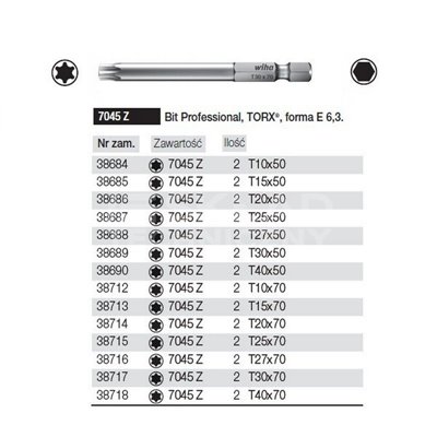 Wiha 38713 Professional Torx Bits, E Form 6.3, 7045 Z T15x70mm, 2 Pieces.