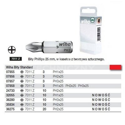 Standard Phillips bits, form C 6.3 7011 Z PH2x25mm, pack of 10. Wiha 24733.