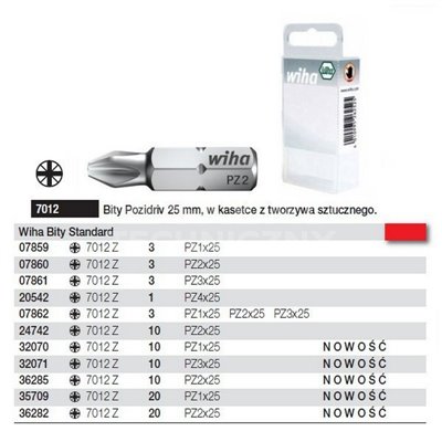 Standard Pozidriv bits, C shape, 6.3 size, 7012 Z PZ2x25mm, pack of 10. Wiha 24742.
