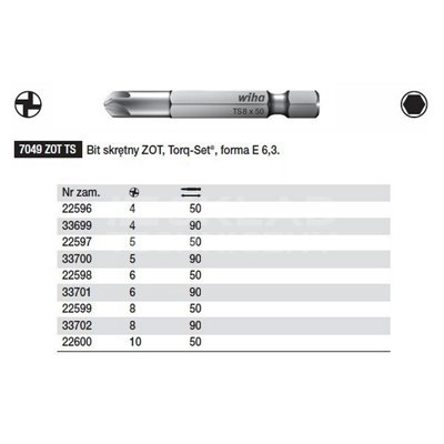Twisted bit ZOT Torq-Set E shape 6.3 7049 ZOT TS 6x50mm Wiha 22598.
