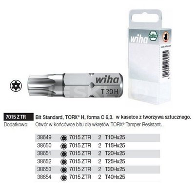 Standard Torx H bits, size C 6.3, 7015ZTR, T30Hx25mm, 2 pieces. Made by Wiha, product number 38653.