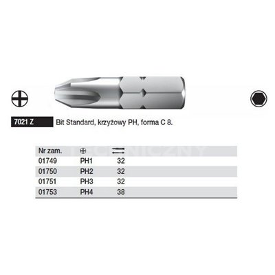 Standard Phillips Bit, C shape, 8 7021Z PH3x32mm, Wiha 01751.