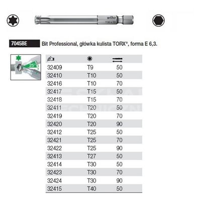 Bit Professional Torx ball-shaped E form 6.3 7045BE T10x50mm Wiha 32410.