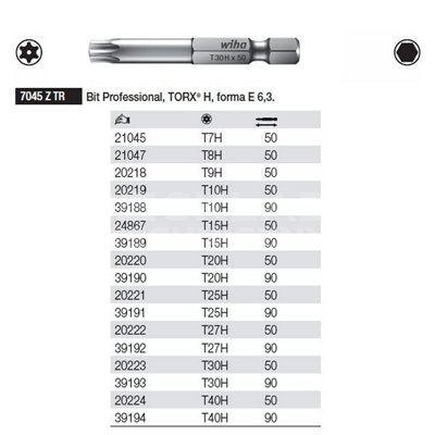 Bit Professional Torx H shape E 6.3 7045ZTR T7Hx50mm Wiha 21045
