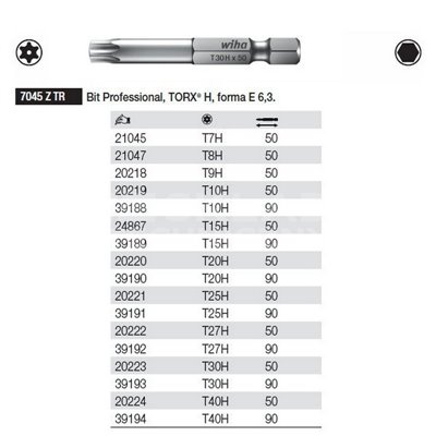 Bit Professional Torx H shape E 6.3 7045ZTR T40Hx90mm Wiha 39194.