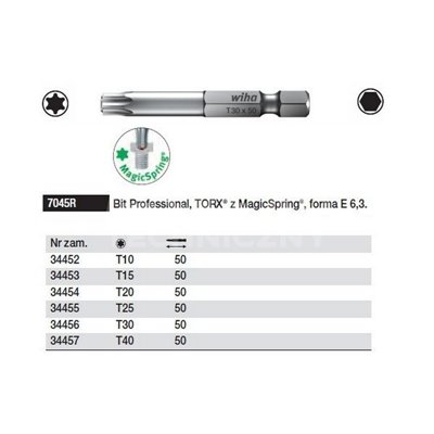 Bit Professional Torx MagicSpring E 6.3 7045R T10x50mm Wiha 34452.