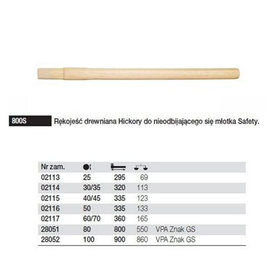 Hickory wooden handle for the recoilless hammer Safety 800S 100mm Wiha 28052.