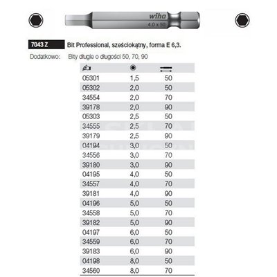 Bit Professional hexagonal shape E 6.3 7043Z 3.0x50mm Wiha 04194.