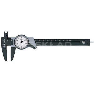 The dialMax 4112102 caliper with a reading of 0.1mm and a clock-scale is Wiha 27082.