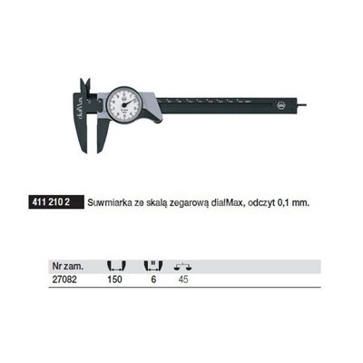 The dialMax 4112102 caliper with a reading of 0.1mm and a clock-scale is Wiha 27082.