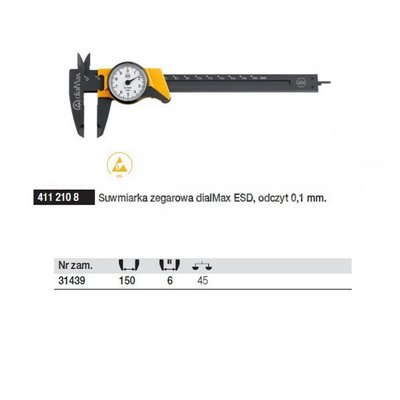 DialMax ESD 4112108 clock caliper with a reading of 0.1mm by Wiha 31439.