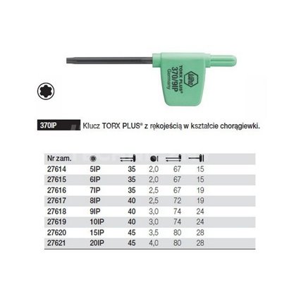 Torx Plus key with a flag-shaped handle 370IP 9IP 40mm Wiha 27618.