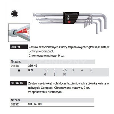 Set of Compact 369H9 Ball End Hex Keys, 9 pieces, by Wiha 01418.