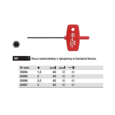 Klucz 6-kąt z uchwytem klucz 2,5/60mm Klucz sześciokątny z rękojeścią w kształcie klucza 331 2,5 60mm Wiha 00896 