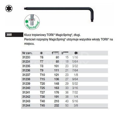 Torx MagicSpring Pin Key Long 366R T25 163/33mm Wiha 31240