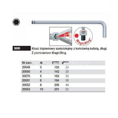 Hexagonal spherical MagicRing pin wrench long 369R 8 206/44mm Wiha 20552.