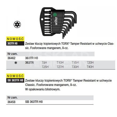 Zestaw kluczy trzpieniowych Torx Tamper Resistant Classsic 363TRH8 8cz. Wiha 36462