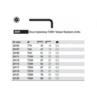 Klucz trzpieniowy Torx Tamper Resistant krótki 363TR T20H 62/23mm Wiha 24115