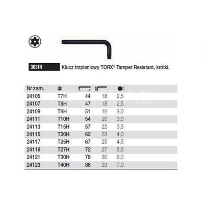 Short Tamper Resistant Torx Pin Wrench 363TR T20H 62/23mm Wiha 24115.