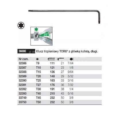 Long Torx ball-end pin wrench 366BE T25 163/33mm Wiha 32390.