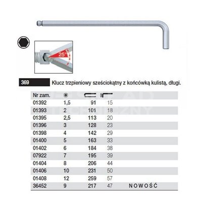 Hexagonal spherical long pin wrench 369 2 101/18mm Wiha 01393.