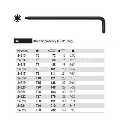 Klucz trzpieniowy Torx długi 366 T5 72/13mm Wiha 24313