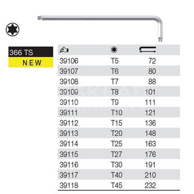 Long Torx Pin Key 366TS T45 232/49mm Wiha 39118.
