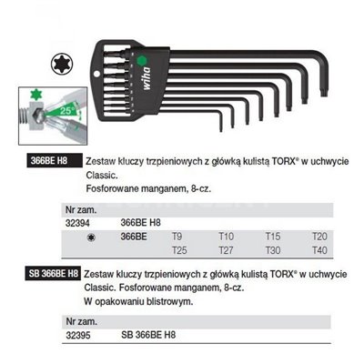 A set of ball-end Torx keys in the Classic 366BEH8 handle, 8 pieces, by Wiha 32394.