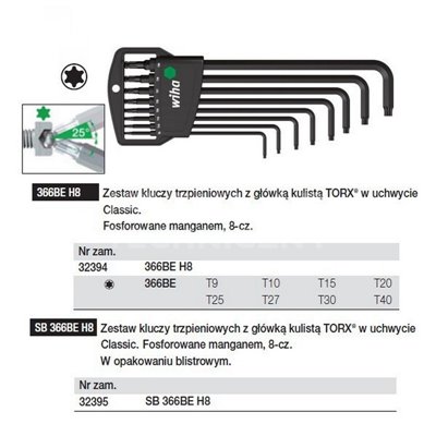 Zestaw kluczy trzpieniowych Torx kulistych w uchwycie Classic SB366BEH8 8cz. Wiha 32395