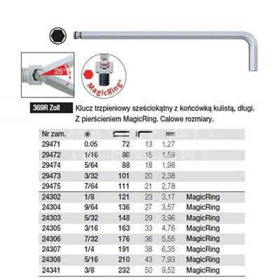 Hexagonal ball-ended MagicRing pin wrench, long version 369RZoll 7/32'' 176/36mm by Wiha 24306.