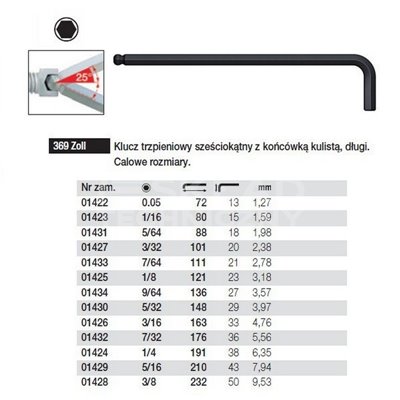 Hexagonal spherical long pin key 369Zoll 0.05 72/13mm Wiha 01422.