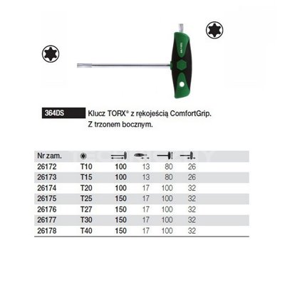 Torx key with T handle. ComfortGrip 364DS T30 150mm Wiha 26177.