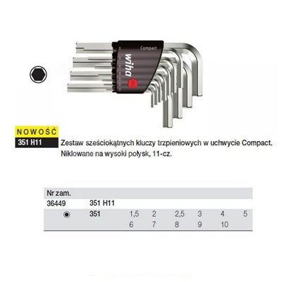 Zestaw kluczy trzpieniowych sześciokątnych w uchwycie Compact 351H11 11cz. Wiha 36449