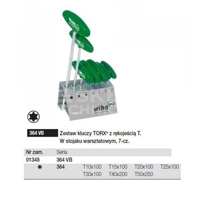 Torx key set with T-handle. Classic in a stand 364VB 7pcs. Wiha 01348.