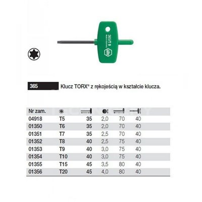 Torx key with a key-shaped handle 365 T6 35mm Wiha 01350.