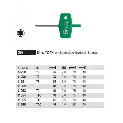 Klucz Torx z rękojeścią w kształcie klucza 365 T10 40mm Wiha 01354