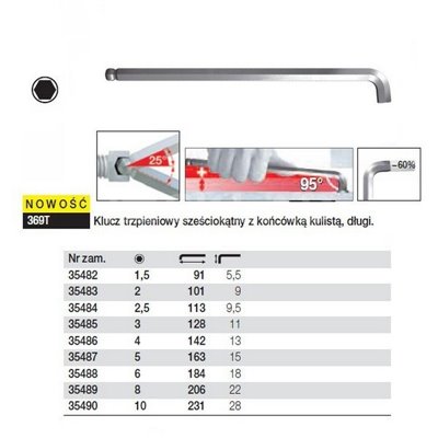 Hexagonal ball end long pin wrench 369T 1.5 91/5.5mm by Wiha 35482.