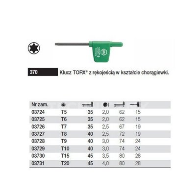 Torx key with a flag-shaped handle, 370 T8 40mm by Wiha 03727.