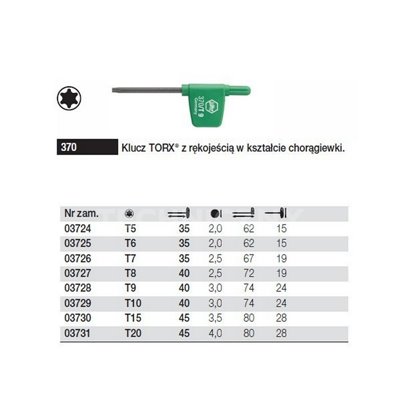 Torx key with a flag-shaped handle 370 T10 40mm Wiha 03729.