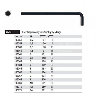 Hexagonal pin wrench long 352B 0.7 67/6mm Wiha 06358.