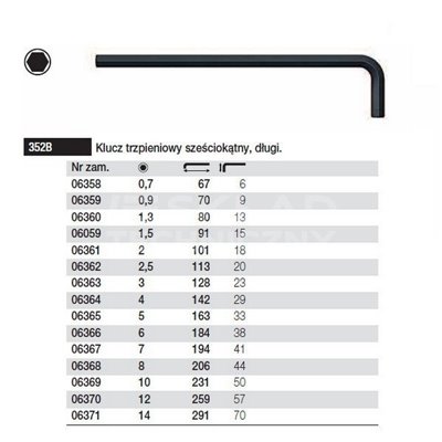 Hexagonal long pin wrench 352B 0.9 70/9mm Wiha 06359.