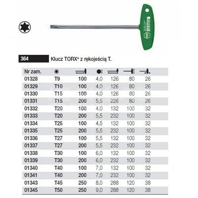 Torx key with T-handle. Classic 364 T15 200mm Wiha 01331.