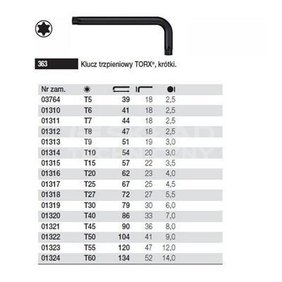 Klucz trzpieniowy Torx krótki 363 T5 39/18mm Wiha 03764