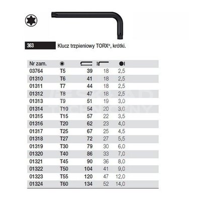 Short Torx Pin Wrench 363 T5 39/18mm Wiha 03764.