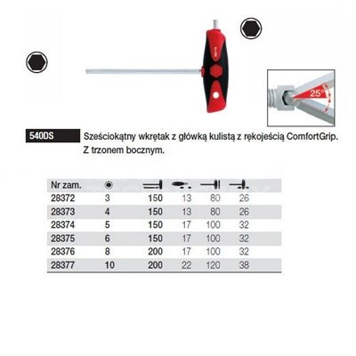 Hexagonal spherical key with T-handle. ComfortGrip 540DS 6 150mm Wiha 28375.