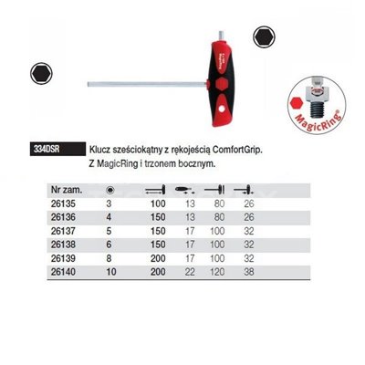 Hexagonal MagicRing Key with T-handle and ComfortGrip 334DSR 3 100mm by Wiha 26135.